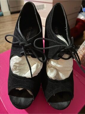 Shoes by Black Peep-Toe Lace-Up Heels